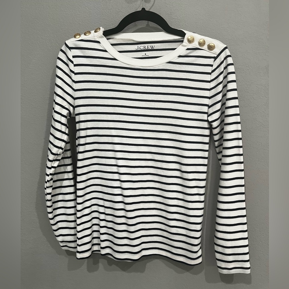J. Crew White and Blue Fitted Long Sleeve Blouse